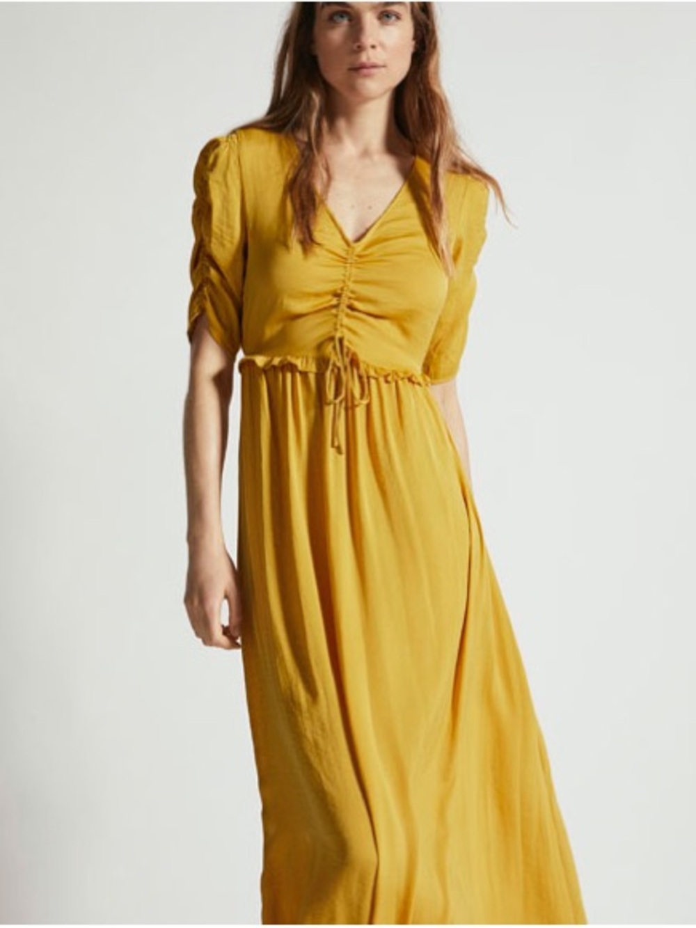 Oysho Mustard Yellow Maxi Dress Ruched Front Boho Cottagecore Soft Romance Small